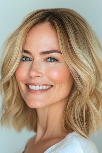 Textured Lob With Loose Waves Hairstyle on a smiling woman with blonde hair.