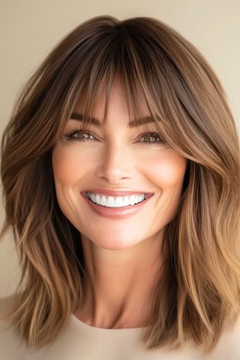 Textured Lob with Piecey Bangs Hairstyle on a smiling woman with brown hair.