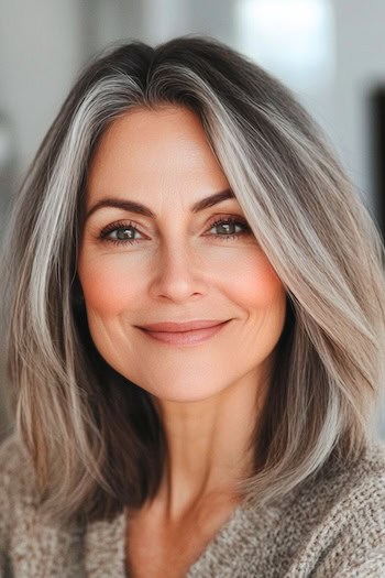 Textured Long Bob Hairstyle on a smiling woman with frosted brown hair.