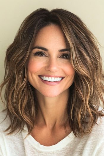 Textured Wavy Long Bob Hairstyle on a smiling woman with highlighted brown hair.