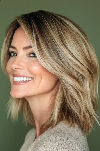 Thick Layered Long Bob Hairstyle on a smiling woman with blonde hair with brown roots, side view.