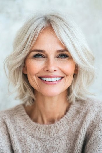 Tousled Choppy Layered Bob Hairstyle on a smiling woman with white gray hair.