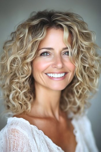 Tousled Curly Long Bob Hairstyle on a smiling woman with shoulder-length blonde curly hair.