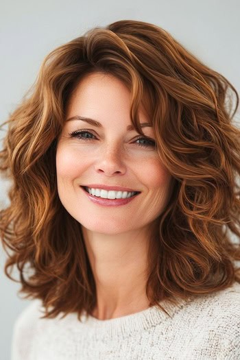 Tousled Honey Brown Shoulder-Length Curls Hairstyle on a smiling woman with curly brown hair.