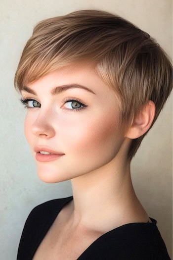 Tousled Pixie with Thin Fine Layers Haircut on a young woman with short brown hair.