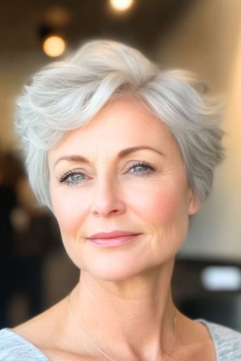 Tousled Textured Pixie for Thin Hair Haircut on an older woman with short gray hair.