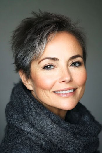 Tousled Textured Pixie Haircut on a smiling woman with short dark brown hair with gray highlights.