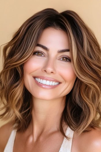 Tousled Wavy Long Bob Hairstyle on a smiling woman with highlighted brown hair.