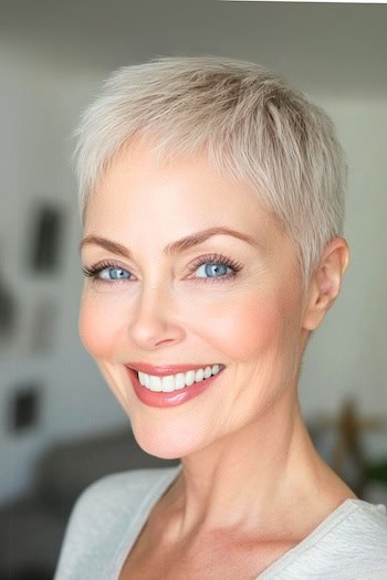 Ultra Short Pixie Haircut on a smiling woman with short silvery blonde hair.