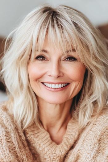 Vanilla Butter Blonde Shag Hairstyle on a smiling woman with blonde hair.