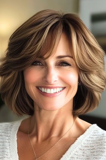 Voluminous Feathered Bob with Bangs Hairstyle on a smiling woman with brown hair and bangs.