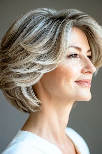 Voluminous Feathered Bob with Layers Hairstyle on a woman with highlighted brown hair, side view.