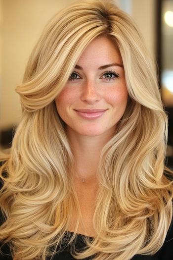 Voluminous Honey Ash Blonde Side-Parted Long Layers Hairstyle on a smiling woman with long thick blonde hair.