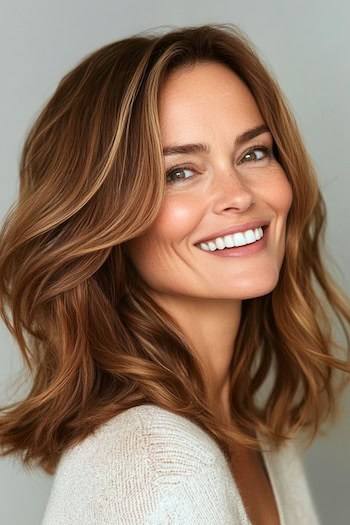 Warm Chestnut Brown Lob with Caramel Highlights Hairstyle on a smiling woman with medium-length brown hair.