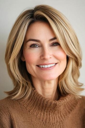 Warm Sandy Blonde Layered Lob Hairstyle on a smiling woman with shoulder-length blonde hair.