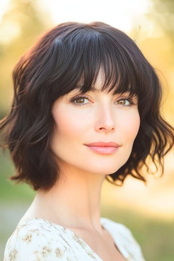 Wavy Bob with Bangs and Layers
 Hairstyle on a woman with brown hair who is outdoors.