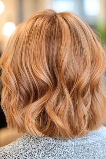 Wavy Lob Hairstyle on a woman with light copper red hair, from back.