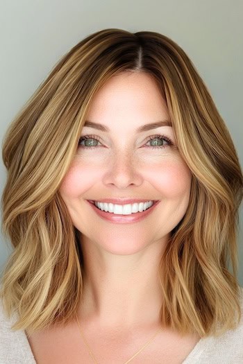 Wavy Shoulder-Length Bob Hairstyle on a smiling woman with light brown hair and blunt ends.