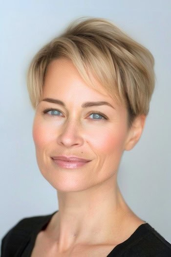 Wispy Blonde Side-Swept Pixie  Haircut on a smiling woman with short brown hair.