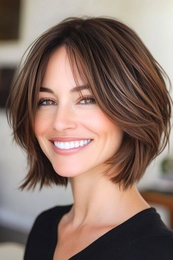 Wispy Layered Bob Hairstyle on a smiling woman with brown hair.