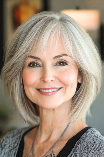 Wispy Long Bob with Layers and Bangs Hairstyle on a smiling woman with gray hair.