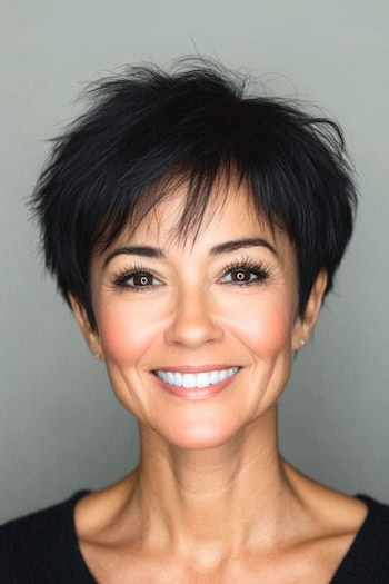 Wispy Pixie for Thin Hair Haircut on a smiling woman with short dark brown hair.