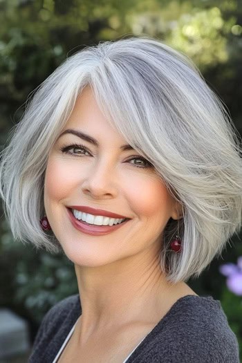 Wispy Side-Swept Layered Bob Hairstyle on a smiling woman with gray hair.