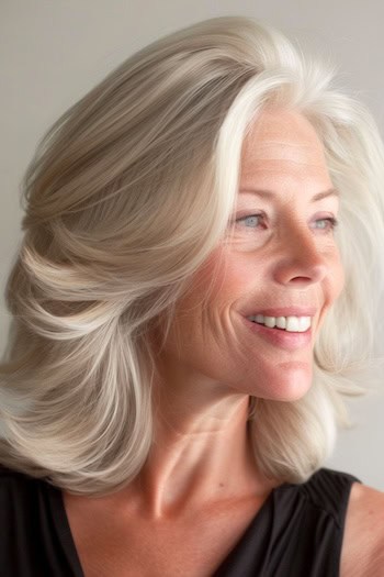 Wispy Silver Feathered Long Bob Hairstyle on a smiling woman with light silvery blonde hair.