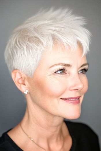 Wispy Spiky Silver Pixie Haircut on a smiling woman with short gray hair, side view.