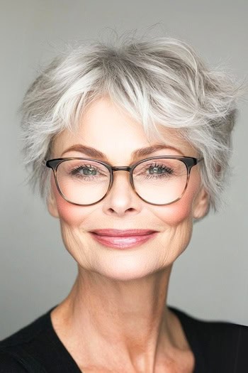 Wispy Tousled Pixie with Glasses for Thin Hair Haircut on a smiling woman with short gray hair.