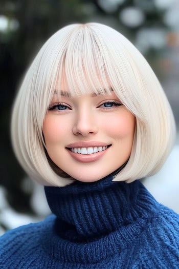 Angled Blonde Bob With Bangs Hairstyle on a smiling woman with short white blonde hair.