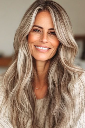 Ash Brown with Ash Blonde Highlights Hairstyle on a smiling woman with ash brown hair and blonde highlights.