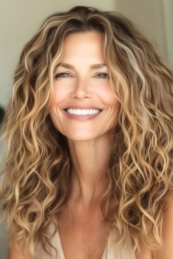 Beachy Textured Curls with Layers Hairstyle on a smiling woman with long curly brown hair with blonde highlights.