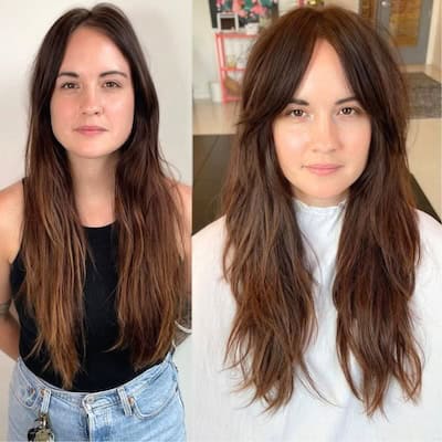 Before and after images of a Textured Long Brown Waves With Curtain Bangs Hairstyle on a smiling woman with long brown hair.