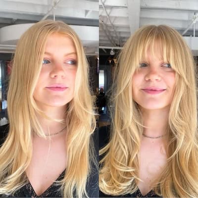 Before and after images of Long Blonde Layers With Tapered Bangs Hairstyle on a woman with long blonde hair.