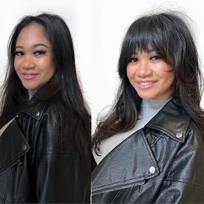 Before and after images of Long Layers With Sleek Bangs Hairstyle on a smiling woman with long brown hair.