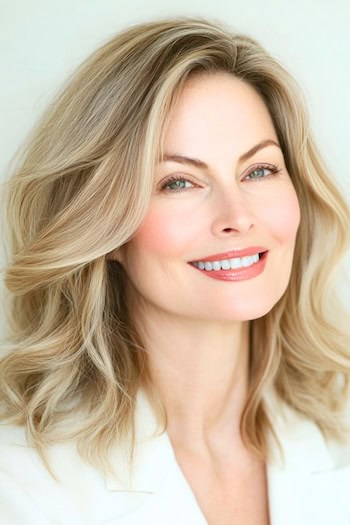 Beige Blonde Waves with Soft Lowlights Hairstyle on a smiling woman with blonde hair.