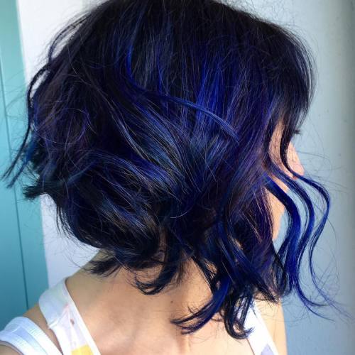 Black Angled Bob With Dark Neon Blue Highlights