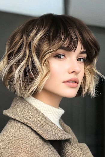 Blunt Chocolate Waves With Blonde Highlights Hairstyle on a young woman with short brown hair with blonde highlights.