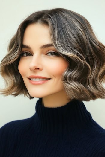 Blunt Wavy Bob Hairstyle on a smiling woman with highlighted brown hair.