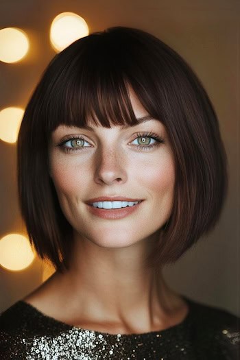 Bob with Blunt Bangs Hairstyle on a smiling woman with brown hair.