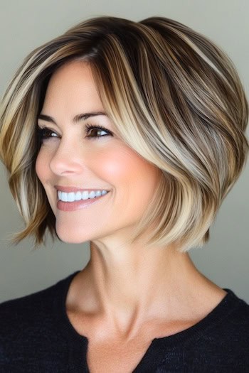 Bob with Stacked Back Hairstyle on a smiling woman with blonde and brown hair.