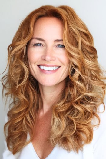 Bouncy Layered Long Curls Hairstyle on a woman with long curly honey brown hair.