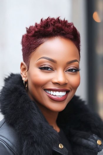 Burgundy Pixie Hairstyle on a smiling woman  with short burgundy hair.