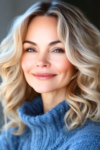 Butter Blonde Layered Curls with Dark Roots Hairstyle on a smiling woman with blonde hair and dark roots.