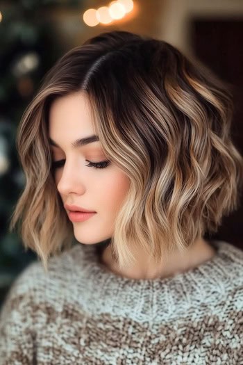 Butterscotch Espresso Short Waves Hairstyle on a woman looking down with short brown hair and blonde highlights.