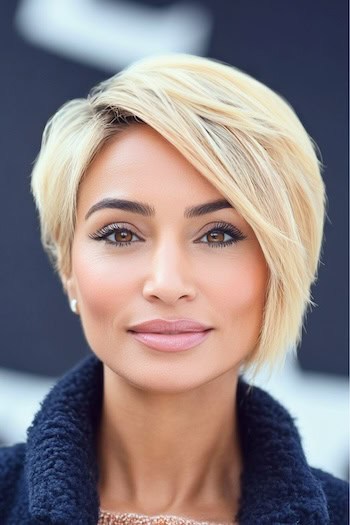 Buttery Blonde Asymmetrical Pixie Hairstyle on a smiling woman with short blonde hair.