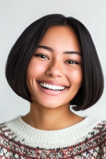 Center Parted Bob Hairstyle on a smiling woman with short straight brown hair.