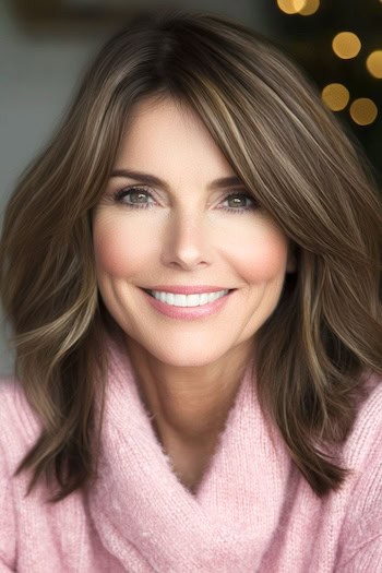 Chestnut-Brown Layered Lob with Subtle Highlights Hairstyle on a smiling woman with brown hair who is wearing a pink cowl-neck sweater.