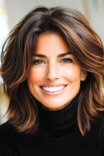 Chestnut-Brown Layers with Subtle Highlights Hairstyle on a smiling woman with brown hair and caramel highlights.